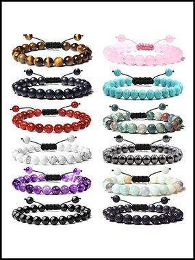 12 Pc 8mm Beaded Gemstone Bracelet Set Adjustable Energy Stone Unisex